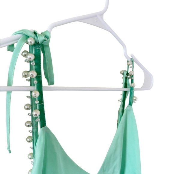 For Love and Lemons Lady Luck Pearl Strap Slip Dress Mint - Picture 4 of 6